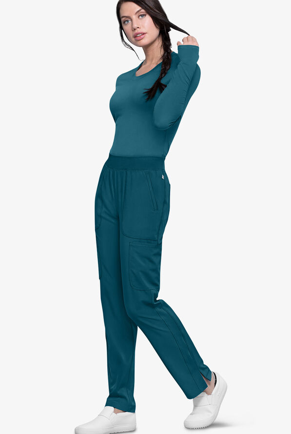 Infinity Women's 6-Pocket STRETCH Rib-Knit Waistband Cargo Scrub Pants - Caribbean Blue - 2