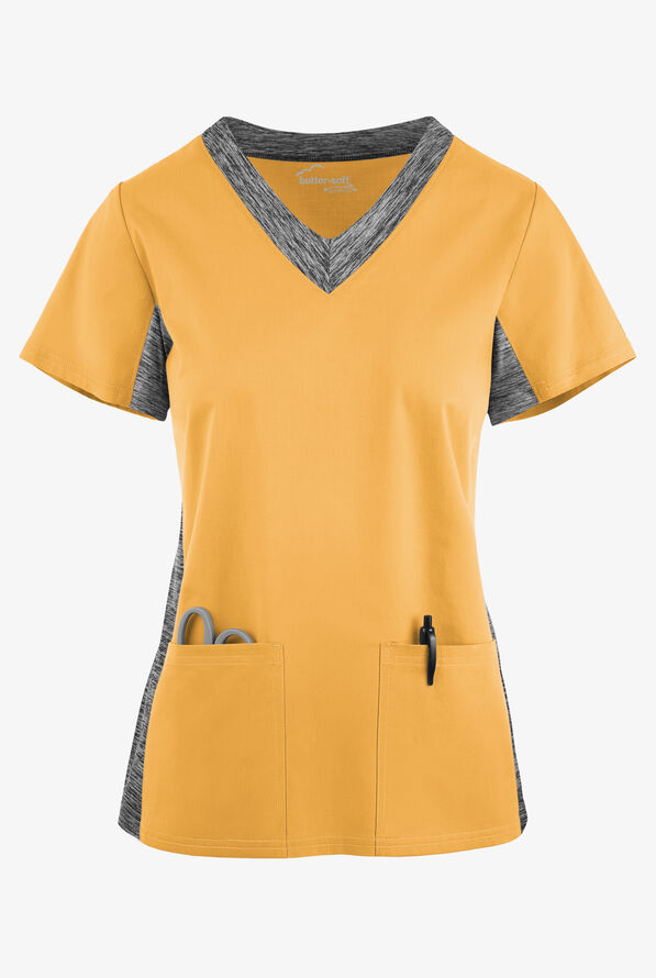 Butter-Soft STRETCH Women's 3-Pocket Contrast Scrub Top - Apricot Sunset/Silver Melange - 1