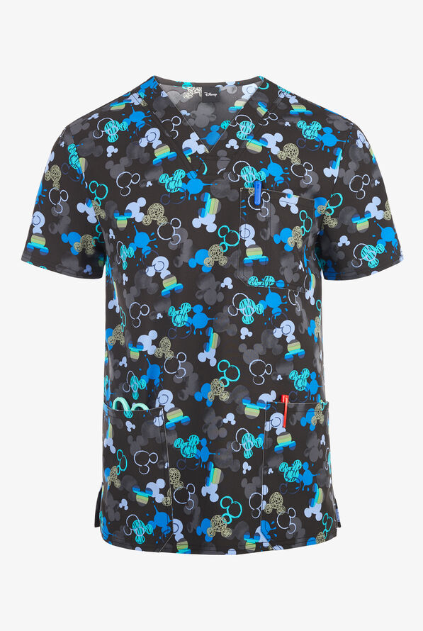 Tooniforms Disney's Mickey Doodle Ears Men's 3-Pocket STRETCH V-Neck Print Scrub Top - null - 1