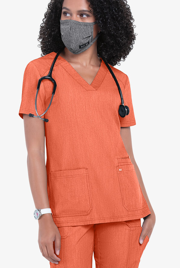 koi Next Gen Hustle and Heart Women's 3-Pocket STRETCH V-Neck Scrub Top - Heather Coral - 4