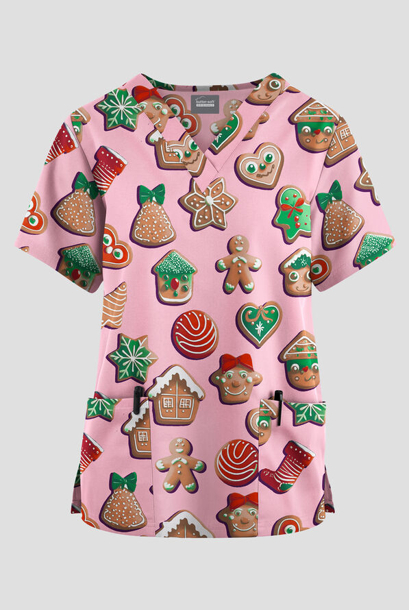 Butter-Soft Originals Sugar & Spice Blush Women's 2-Pocket V-Neck Print Scrub Top - null - 1