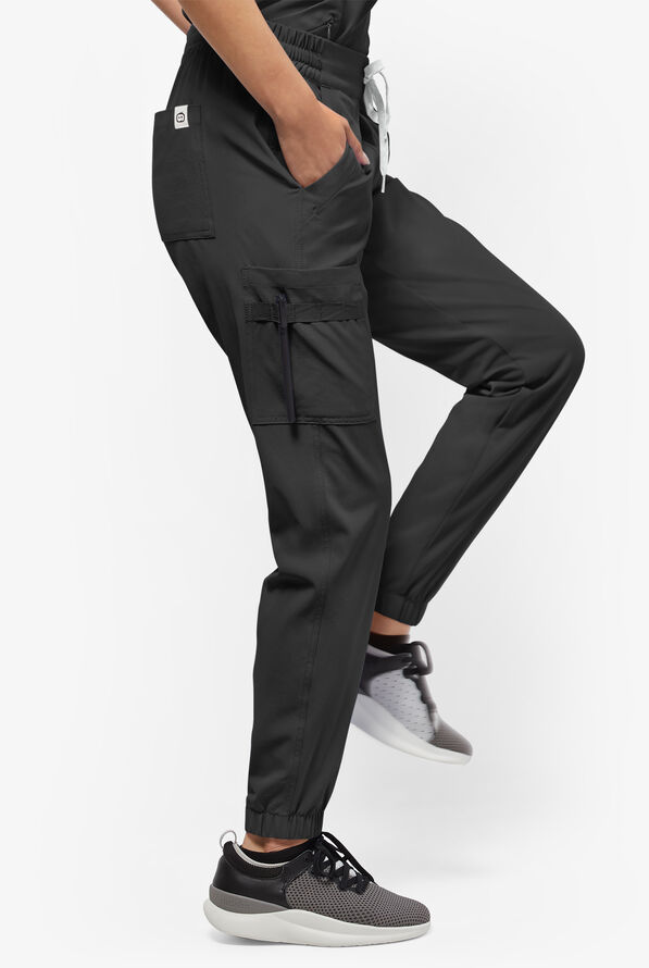 Wink Renew Women's 7-Pocket STRETCH Flat Front Drawstring Cargo Jogger Scrub Pants - Black - 3