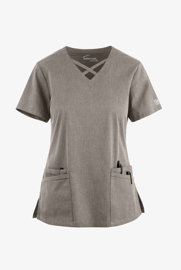 Butter-Soft STRETCH Women's 4-Pocket Crisscross Scrub Top - Heather Grey - 1