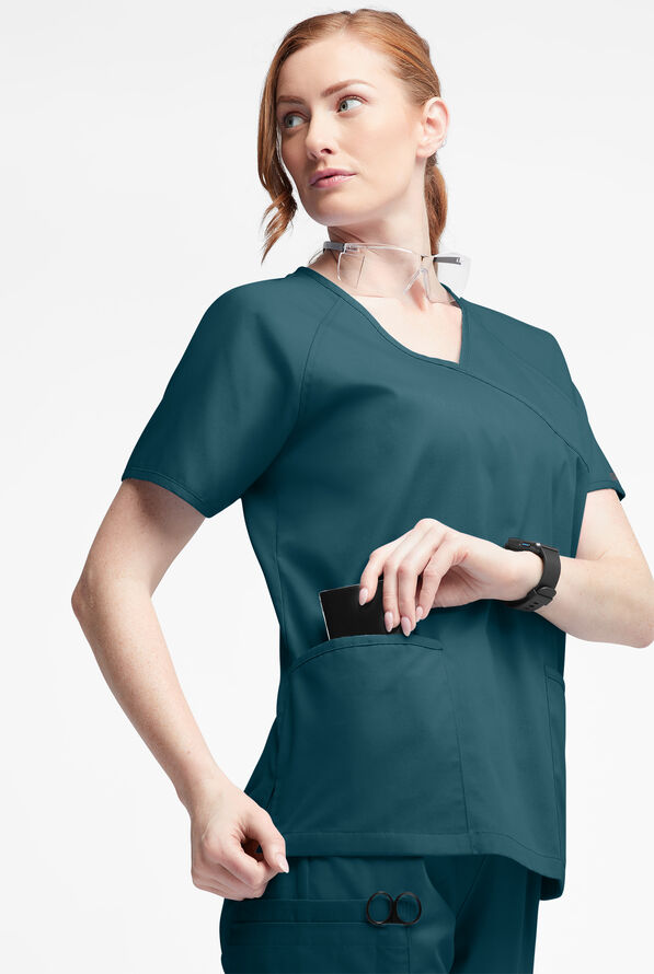 Butter-Soft Originals Women's 3-Pocket Mock Wrap Raglan Sleeve Scrub Top - Caribbean Blue - 2