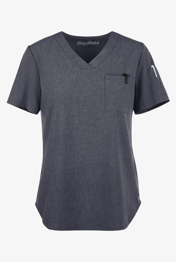 Easy STRETCH Chloe Women's 3-Pocket V-Neck Tuck-In Scrub Top - Charcoal Heather - 1