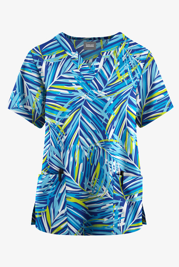 Butter-Soft Originals Palm Paradise Royal Women's 2-Pocket V-Neck Print Scrub Top - null - 1