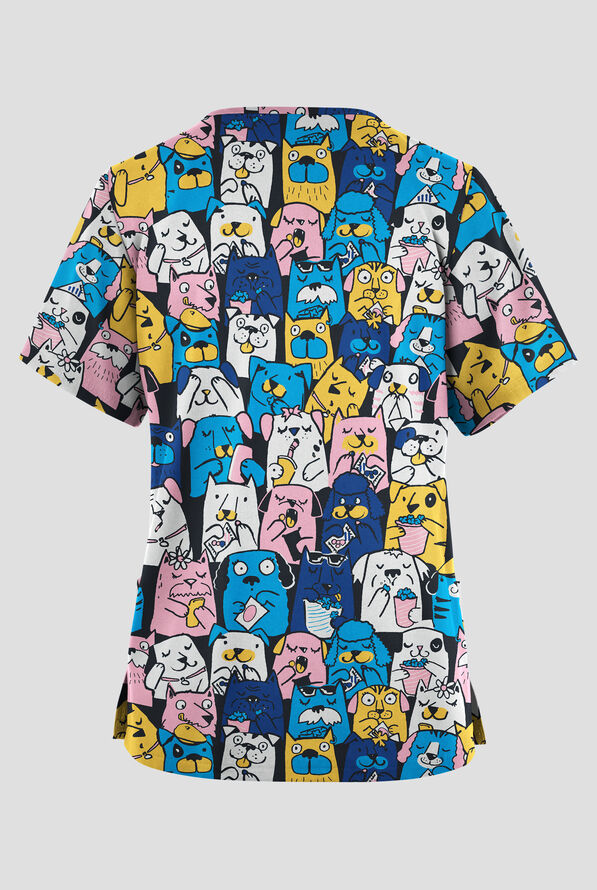 Butter-Soft Originals Happy Hounds Navy Women's 2-Pocket V-Neck Print Scrub Top - null - 2