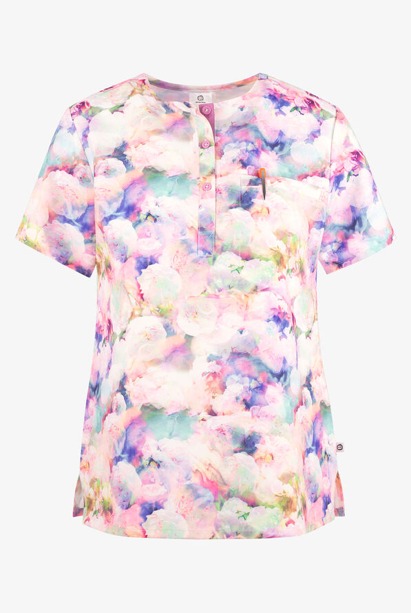 Wink Marble Blossom Floral Women's 1-Pocket STRETCH Round Neck Print Scrub Top - null - 1