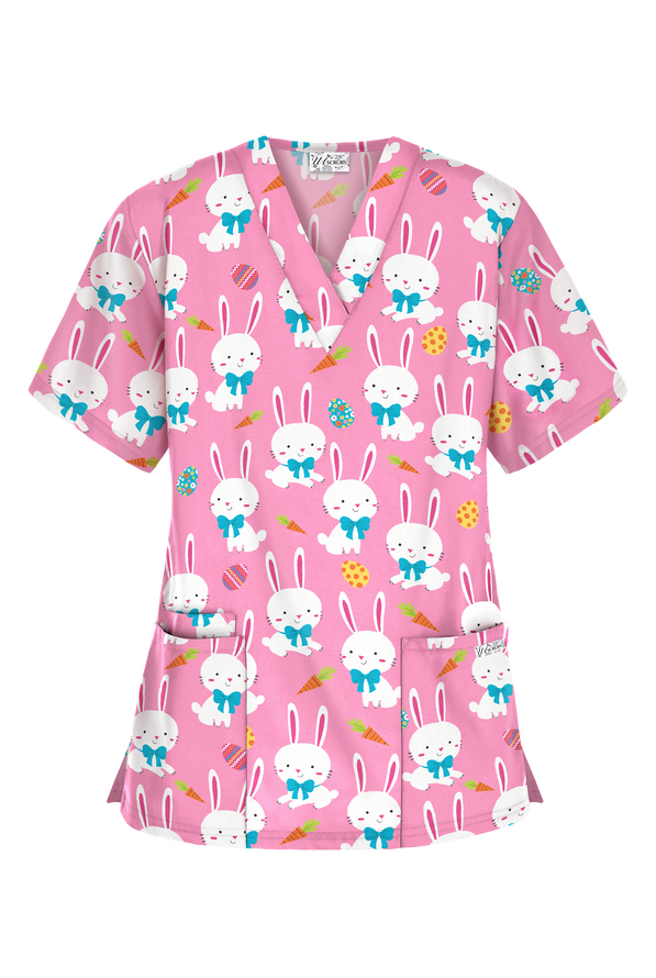 UA Best Buy Scrubs Easter Egg Hunt Pink Women's 3-Pocket V-Neck Print Top - null - 1