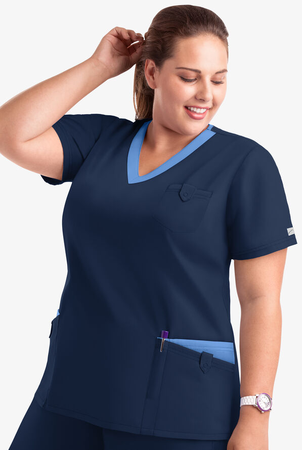 Butter-Soft Core Women's 5-Pocket Rounded V-Neck Scrub Top - Navy/Ceil - 4