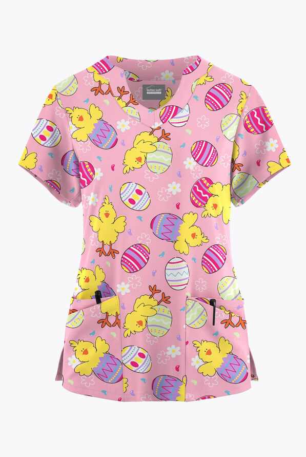 Happy Scrubs Easter Morning Blush Women's 6-Pocket Scallop Neck Print Scrub Top - null - 1