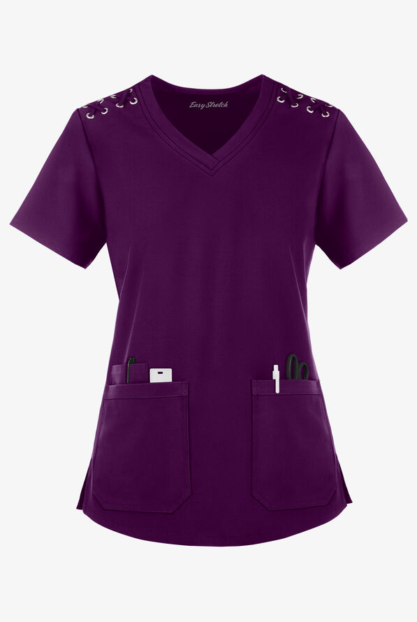 Blusa médica Easy STRETCH Leila con ojales y lazos para mujer - Eggplant - 1