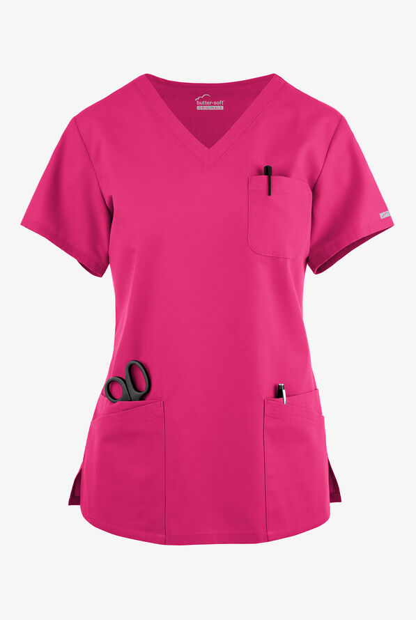Blusa médica Butter-Soft Originals con cuello en V curvo y 7 bolsillos para mujer - Fuchsia - 1