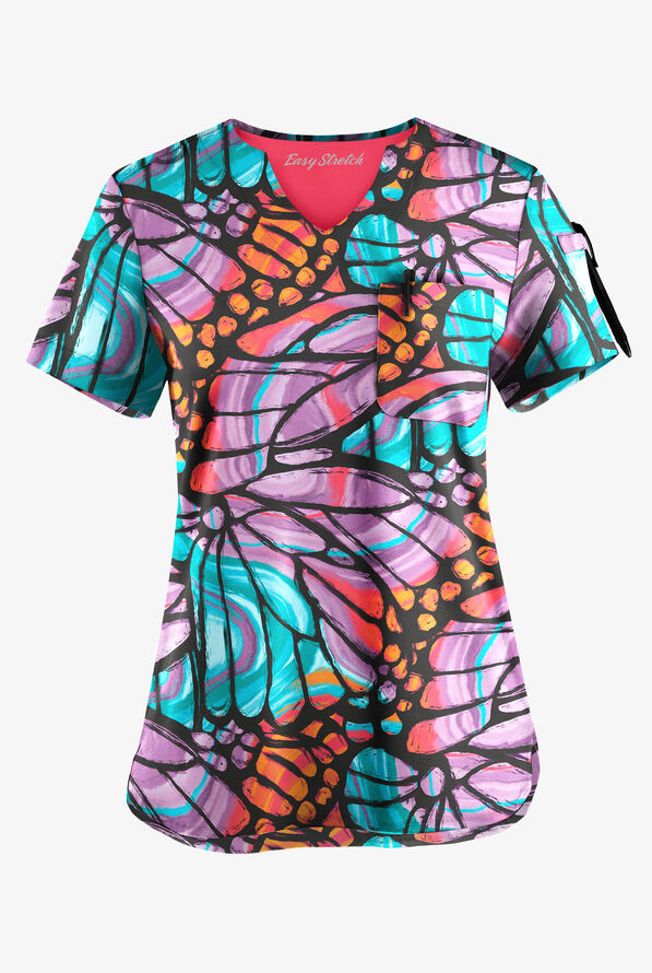 Easy STRETCH Onyx Butterflies Women's 1-Pocket Tuck-In Scallop Neck Print Scrub Top - null - 1