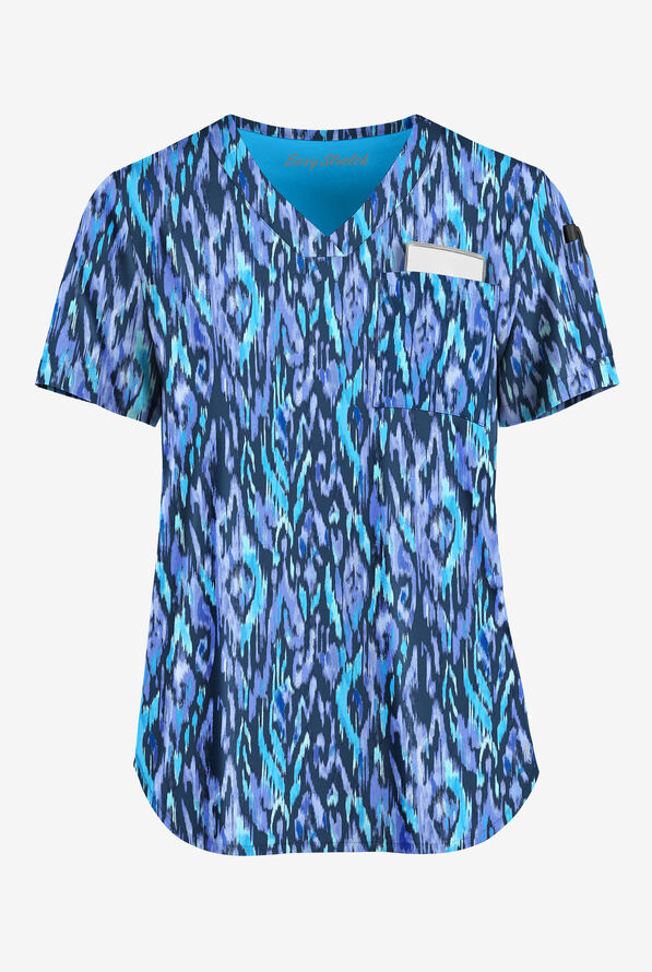 Easy STRETCH Rotterdam Ikat Navy Women's 2-Pocket Tuck-In V-Neck Print Scrub Top - null - 1