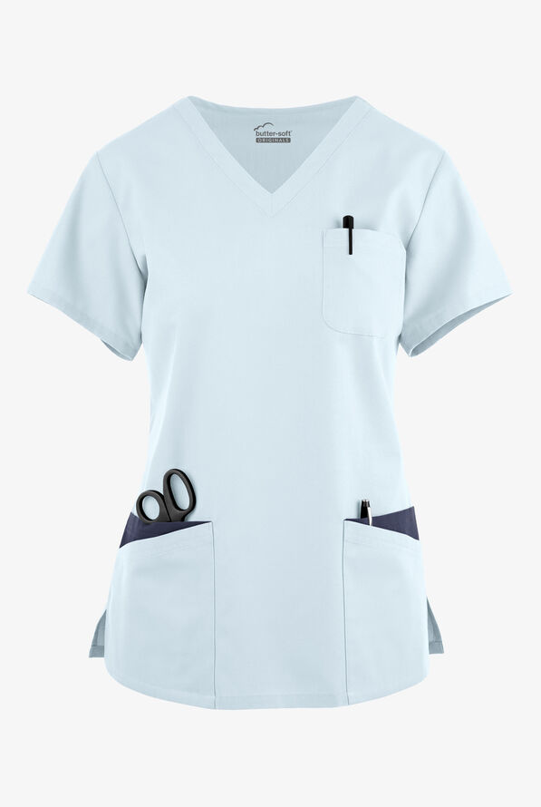 Blusa médica Butter-Soft Originals con cuello en V redondeado y 7 bolsillos para mujer - Morning Dew/Navy - 1