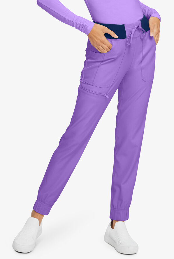heartsoul Break On Through Women's 6-Pocket STRETCH Elastic Cuff Jogger Scrub Pants - Petite - Lavender Sparkle/Navy - 1