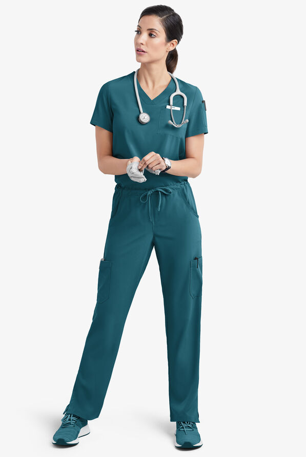 Easy STRETCH Chloe Women's 3-Pocket V-Neck Tuck-In Scrub Top - Caribbean Blue - 2