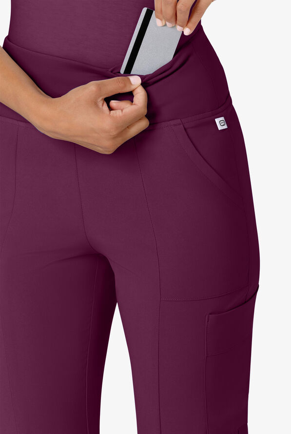 Wink Renew Women's 7-Pocket STRETCH Yoga Waist Flare Notch Leg Cargo Scrub Pants - Wine - 2