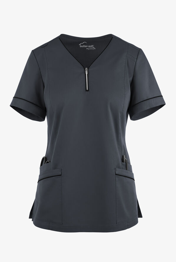Butter-Soft STRETCH Women's 5-Pocket V-Neck with Front Zipper Scrub Top - Pewter/Black - 1