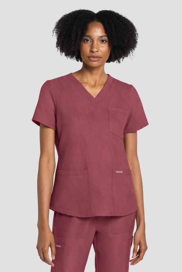 Cherokee Workwear Originals Ultra Women's 3-Pocket V-Neck Scrub Top - Heather Cranberry - 3