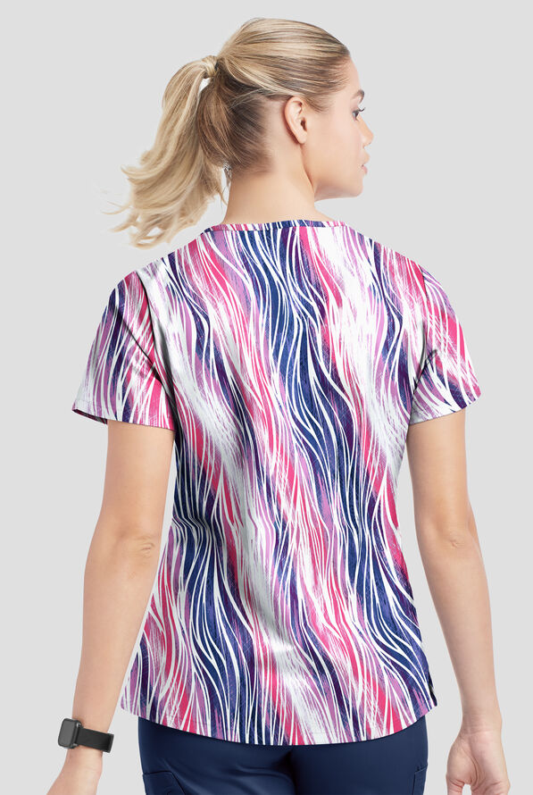 Strictly Scrubs STRETCH Water Waves Fuchsia Women’s 4-Pocket Grommet Neck Detail Print Scrub Top - null - 3