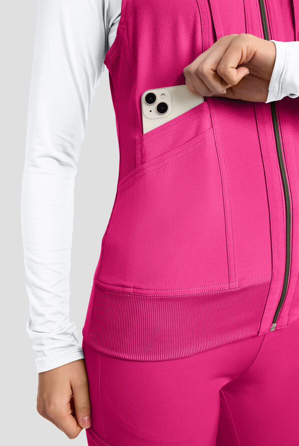 Med Couture Amp Women's 4-Pocket STRETCH Zip Front Removable Hoodie Scrub Vest - Pink Power - 4