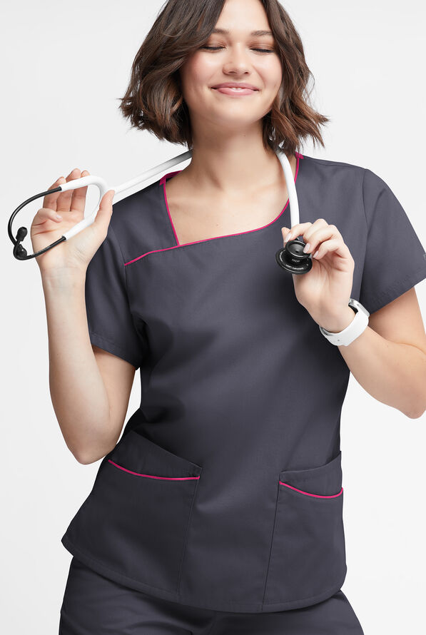 Butter-Soft Originals Women's 4-Pocket Asymmetrical Neck Scrub Top - Pewter/Fuchsia - 2