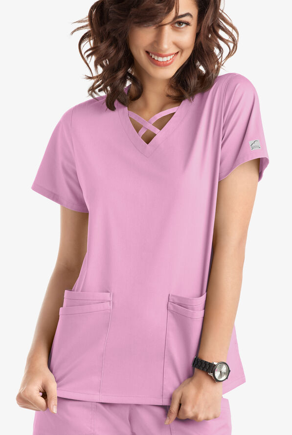 Blusa m&eacute;dica UA Butter-Soft STRETCH con lazos entrecruzados y 4 bolsillos para mujer - Sweet Rose - 2