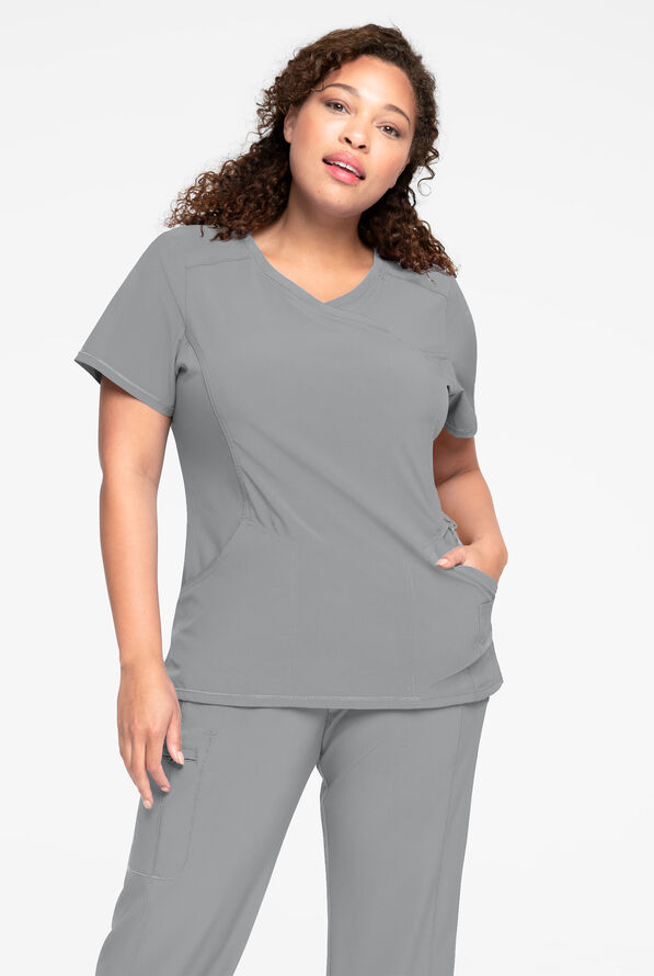 Infinity Women's 4-Pocket STRETCH Mock Wrap Scrub Top - Grey - 2