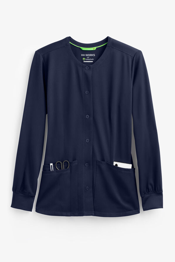 HH Works by Healing Hands Megan Women's 4-Pocket STRETCH Round Neck Warm-Up Scrub Jacket - Navy - 1