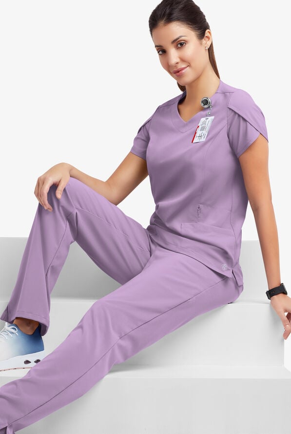 Easy STRETCH Daisy Women's 4-Pocket V-Neck Scrub Top with Petal Sleeves - Amethyst Mist - 8