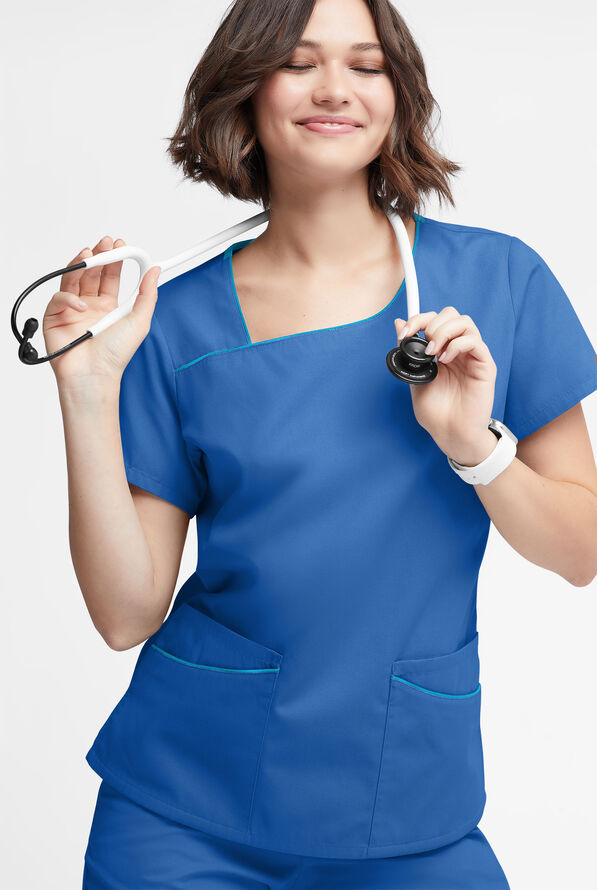 Butter-Soft Originals Women's 4-Pocket Asymmetrical Neck Scrub Top - Royal/Turquoise - 2