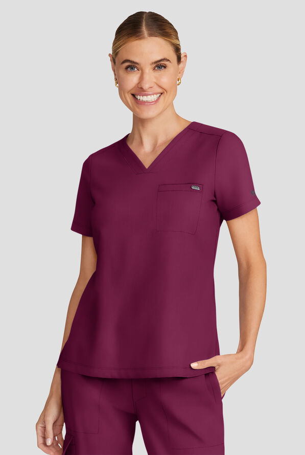 Healing Hands Quest Women's 1-Pocket STRETCH Tuck In V-Neck Scrub Top - Wine - 2