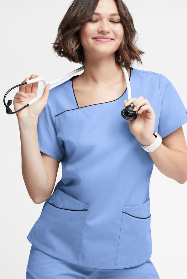 Butter-Soft Originals Women's 4-Pocket Asymmetrical Neck Scrub Top - Ceil/Navy - 2