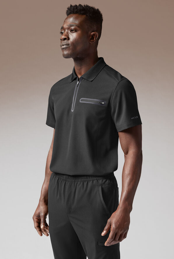 Hypothesis Alpha System Men’s 1-Pocket Zip Neck Polo With Tonal Trim Scrub Top - Jet Black/Pewter - 4