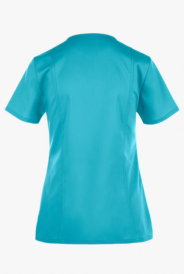 Cherokee Workwear Revolution Women's 2-Pocket STRETCH Mock Wrap Scrub Top - Turquoise - 3