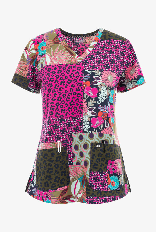 koi Next Gen Tropical Patch Floral Women's 2-Pocket STRETCH V-Neck Print Scrub Top - null - 1