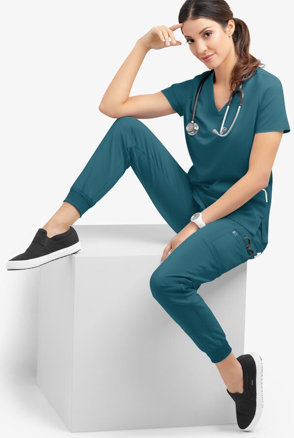 Easy STRETCH Mila Women's 7-Pocket Jogger Scrub Pants - Tall - Caribbean Blue - 2