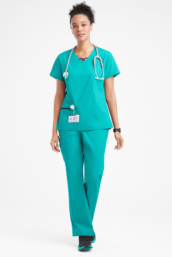 Butter-Soft Originals Women's 3-Pocket Crisscross Contrast V-Neck Scrub Top - Bright Teal/NavyBright Teal/Navy - 4