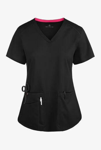 Blusa m&eacute;dica Med Couture Touch STRETCH con cuello en V, paneles laterales acanalados, fald&oacute;n camisero y 3 bolsillos para mujer