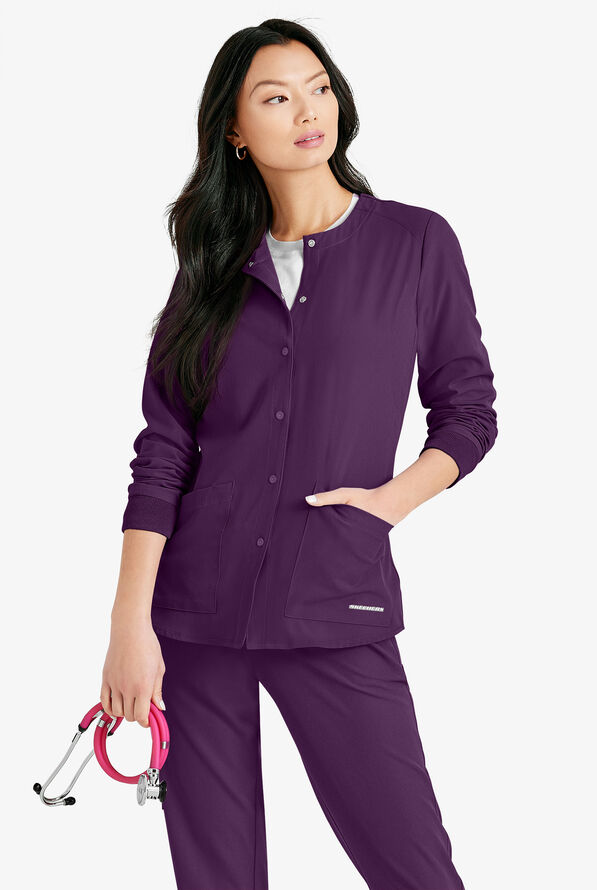 Skechers by Barco Stability Women's 2-Pocket STRETCH Warm-Up Scrub Jacket - Eggplant - 3