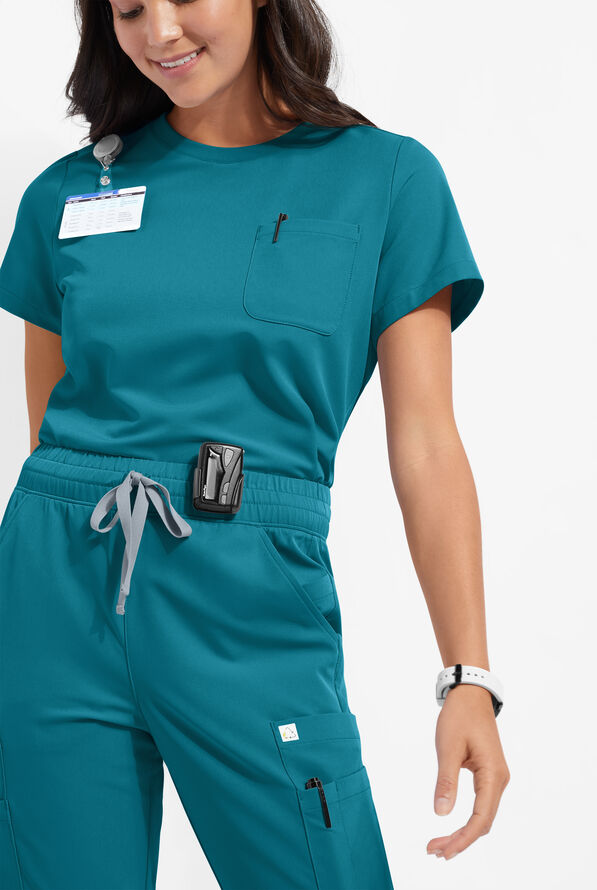 ReSurge Citrine Women's 1-Pocket Crew Neck Tuck In / Wear Out Scrub Top - Caribbean Blue - 1