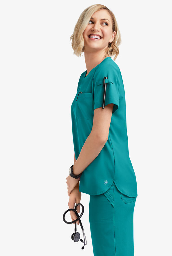Easy STRETCH Nikki Women's 1-Pocket Scallop Neck Tuck-In Scrub Top - Teal - 2