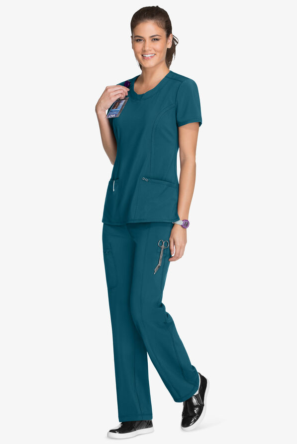 Infinity Women's 3-Pocket STRETCH Round Neck Scrub Top - Caribbean Blue - 2