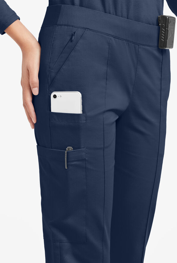 Butter-Soft STRETCH Women's 6-Pocket Pin-Tuck Crop Slim with Sport Trim Detail Scrub Pants - Navy/Silver Melange - 2