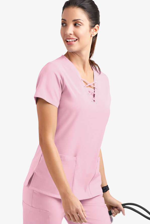 Easy STRETCH Gisele Women's 4-Pocket Lace Up V-Neck Scrub Top - Pink Peony - 3