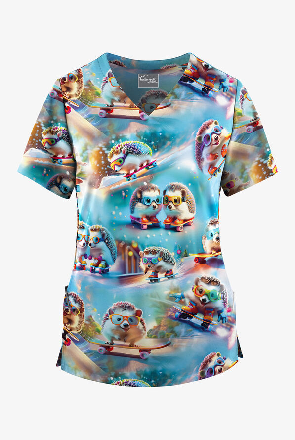 Butter-Soft STRETCH Prickly Skaters Turquoise Women's V-Neck Print Scrub Top - null - 1