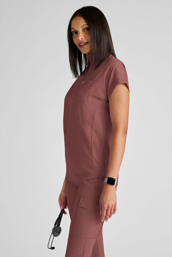 ReSurge Rhine Women's 5-Pocket Oversized Half Zip Stand Collar Scrub Top - Soft Chestnut - 2