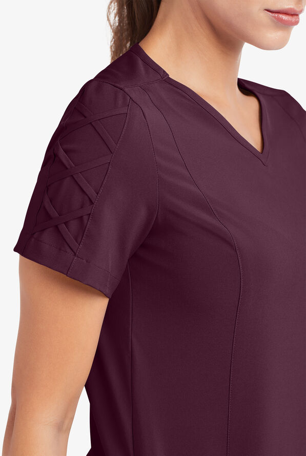 Easy STRETCH Kylie Woman's 5 Pocket V-Neck With Criss-Cross Detail Scrub Top - Dark Mulberry - 6